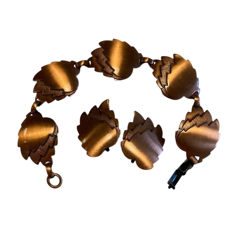 Vintage Copper Leaf Bracelet and Clip On Earring Set